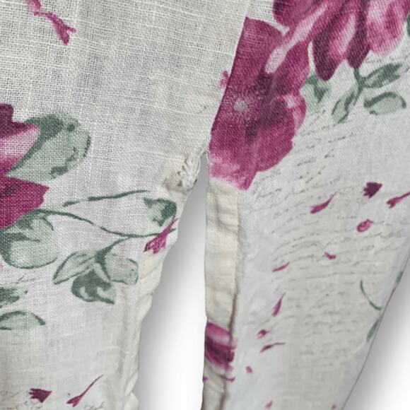 Vintage 90s Maxi Dress Cream Linen Purple Floral Script Print Sleeveless Lace - Picture 13 of 14